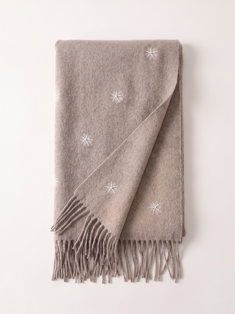 "Winter Pearl" Embroidered Snowflake Wool Wrap