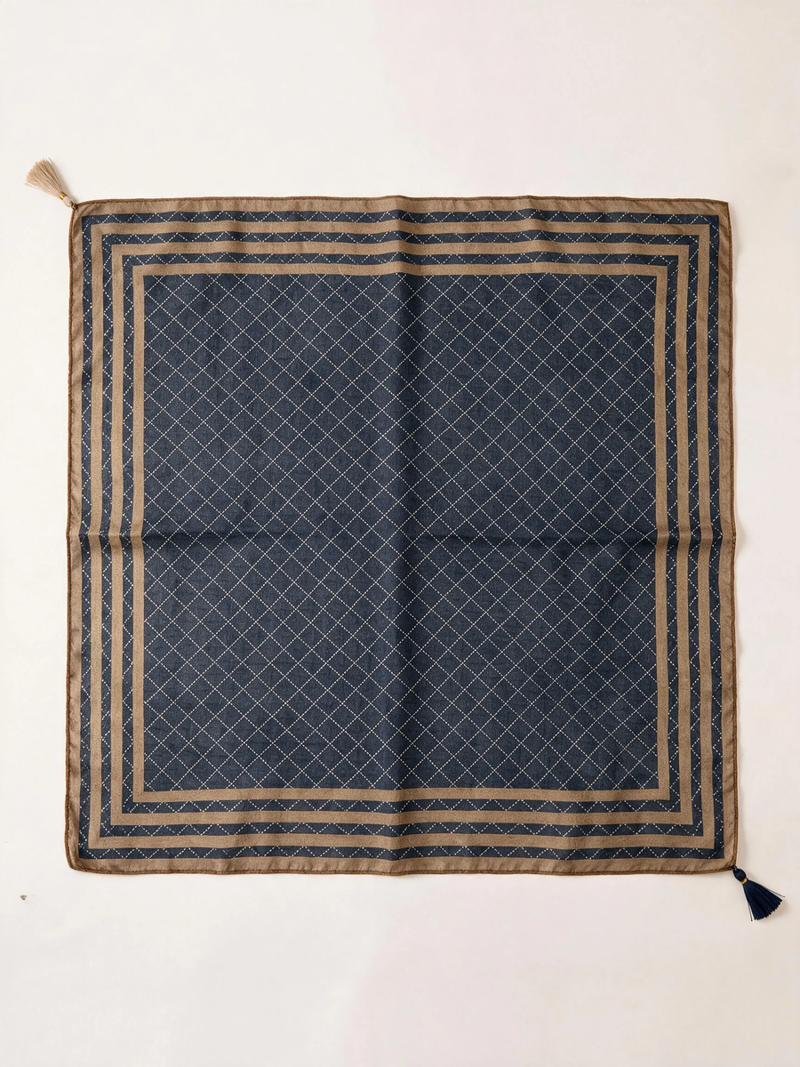 Checked Border Tassel Square Scarf