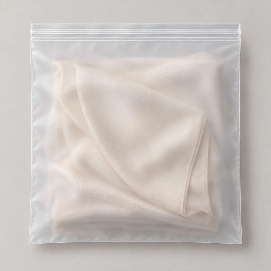 Frosted inner bag with press-to-close zip.