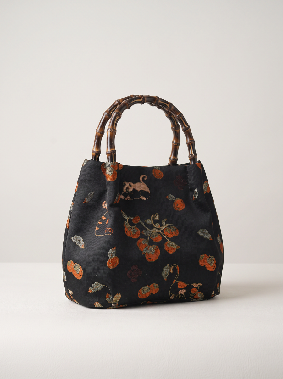 Silk Brocade Bamboo-Handle Bag — Cat & Persimmon Motif