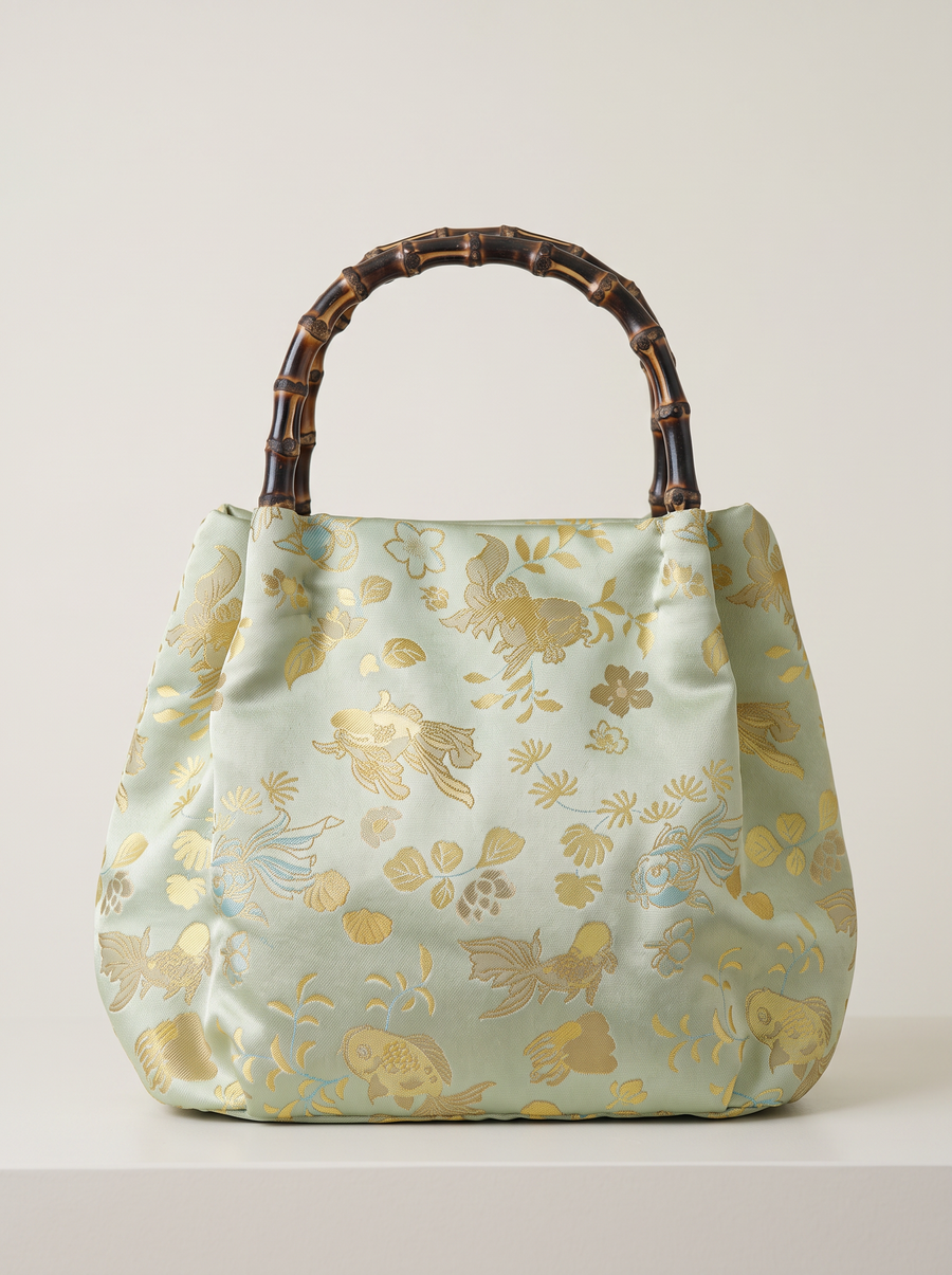 Silk Brocade Bamboo-Handle Bag — Goldfish & Seagrass Motif