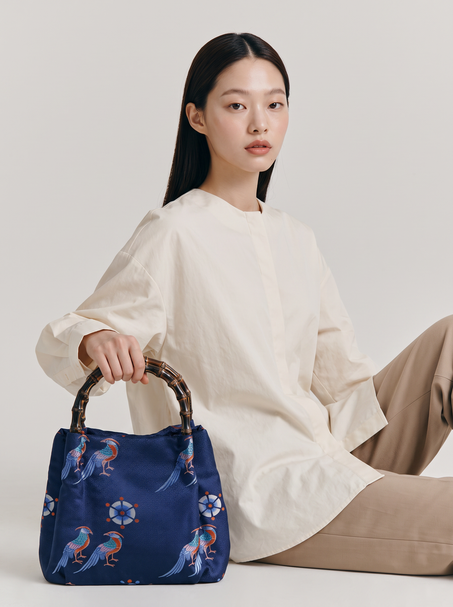 Silk Brocade Bamboo-Handle Bag — Golden Pheasant Motif