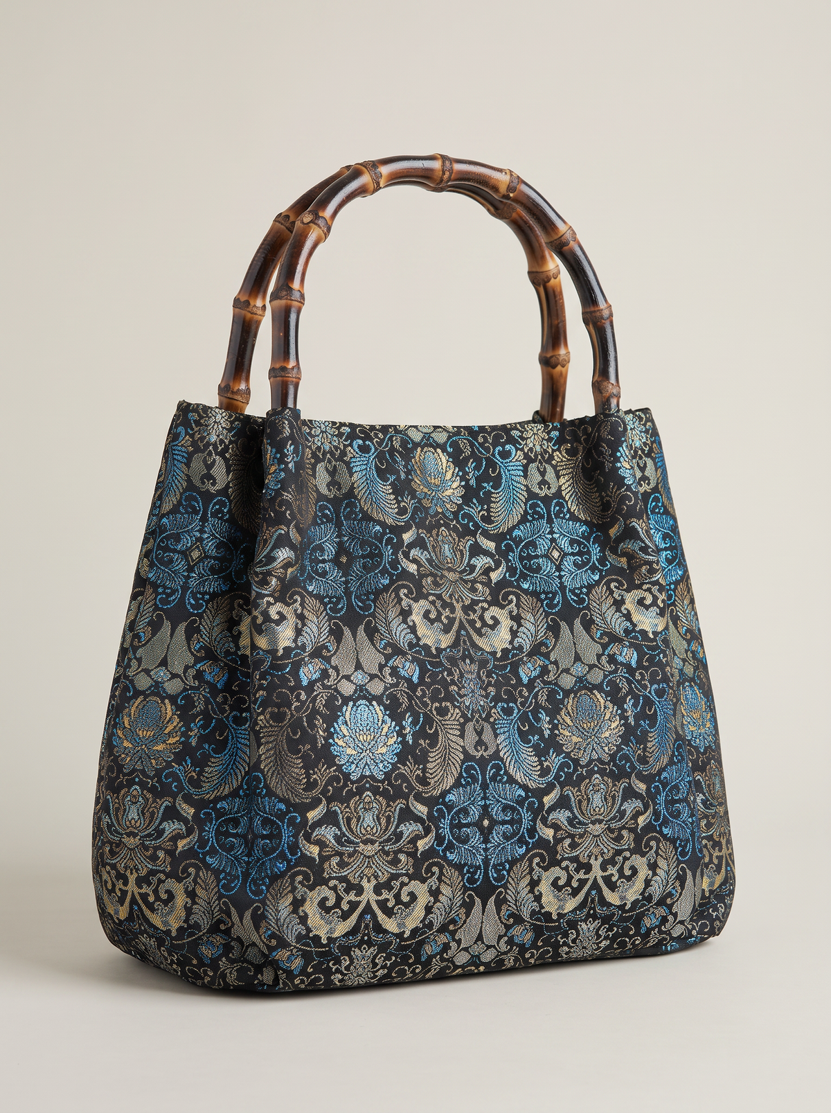 Silk Brocade Bamboo-Handle Bag — Lotus & Banana-Leaf Brocade