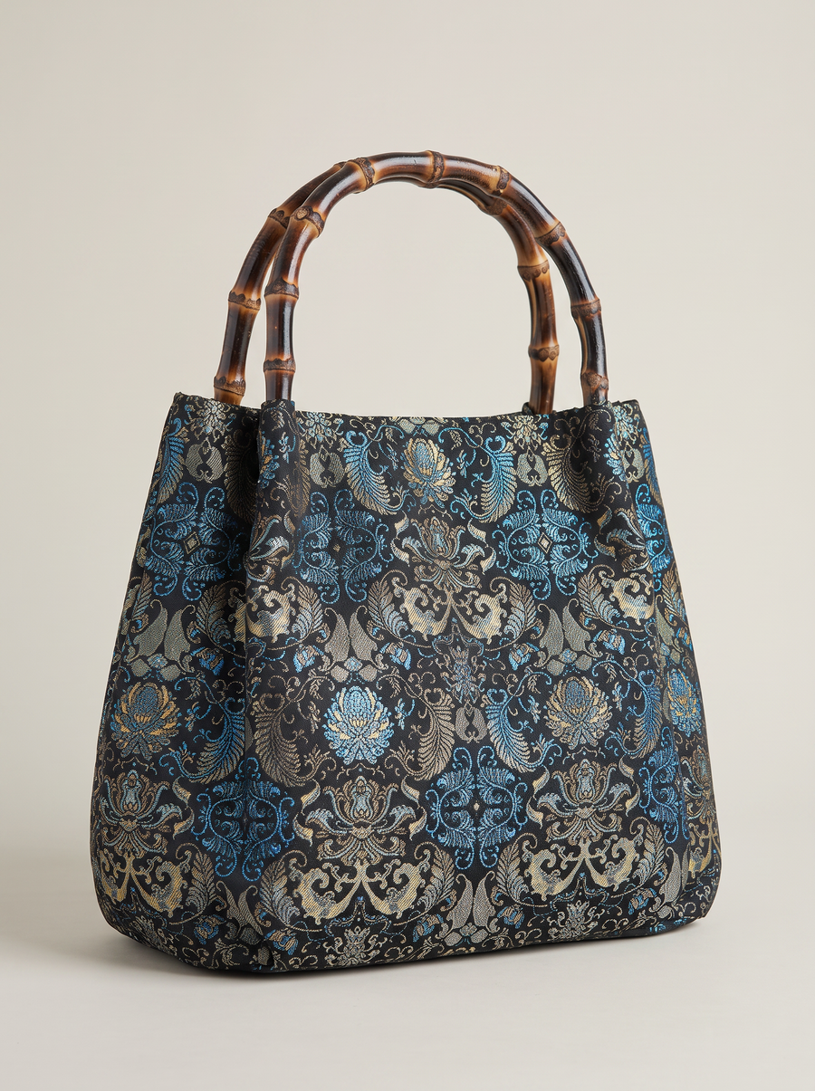 Silk Brocade Bamboo-Handle Bag — Lotus & Banana-Leaf Brocade