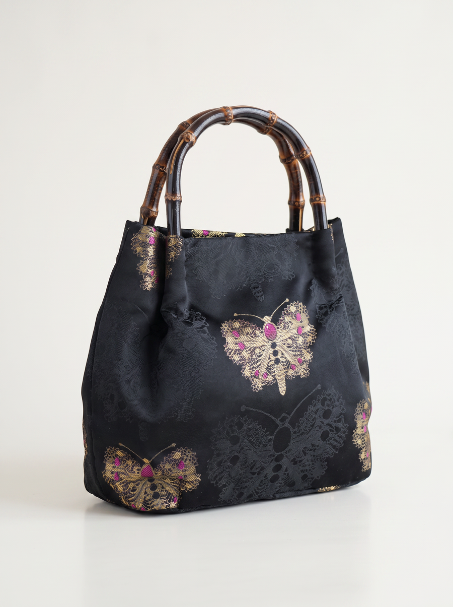 Silk Brocade Bamboo-Handle Bag — Gold Butterfly Motif