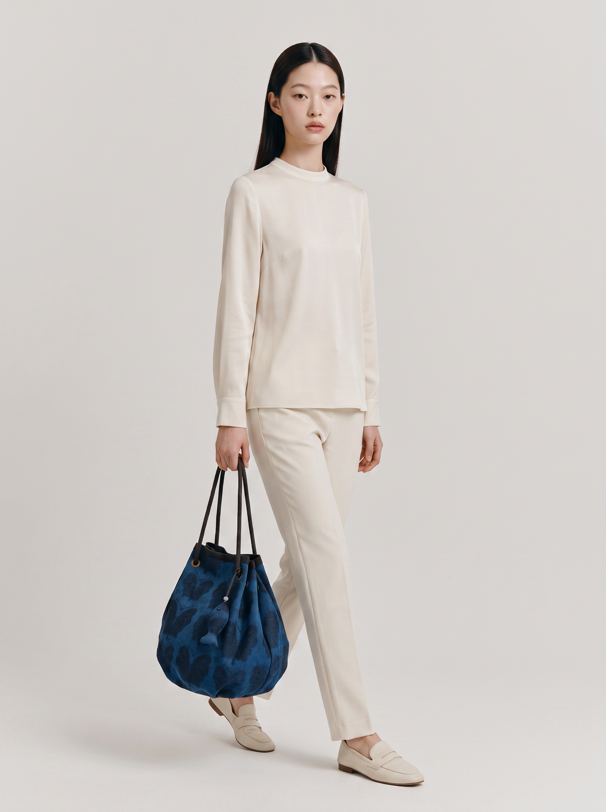 Gambiered Silk Drawstring Hobo — Indigo Butterfly