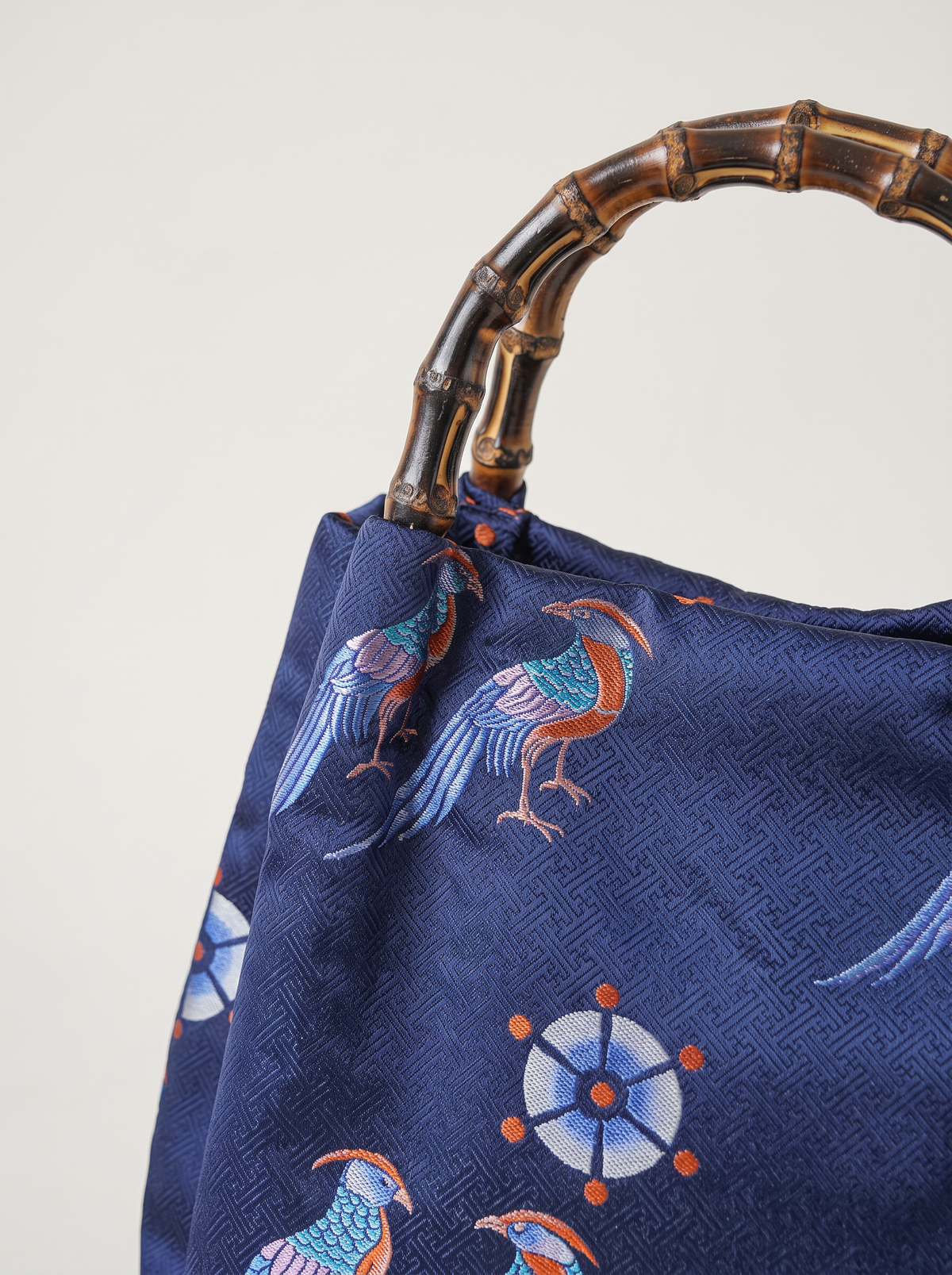 Silk Brocade Bamboo-Handle Bag — Golden Pheasant Motif