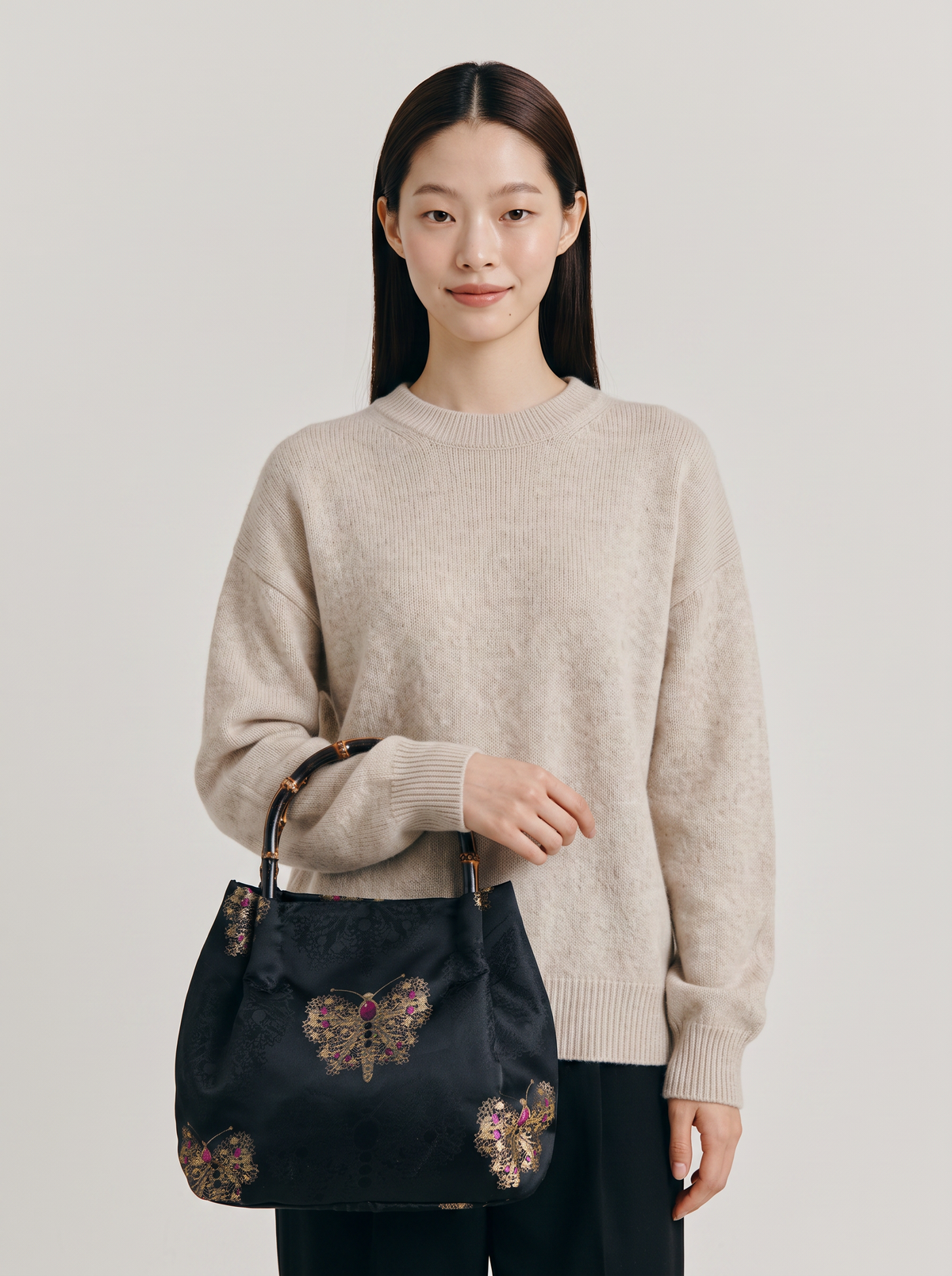 Silk Brocade Bamboo-Handle Bag — Gold Butterfly Motif