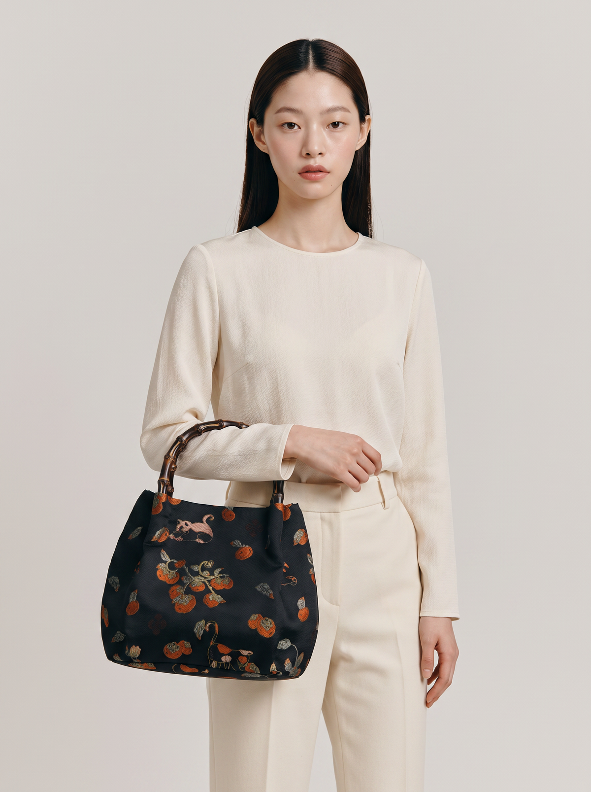 Silk Brocade Bamboo-Handle Bag — Cat & Persimmon Motif