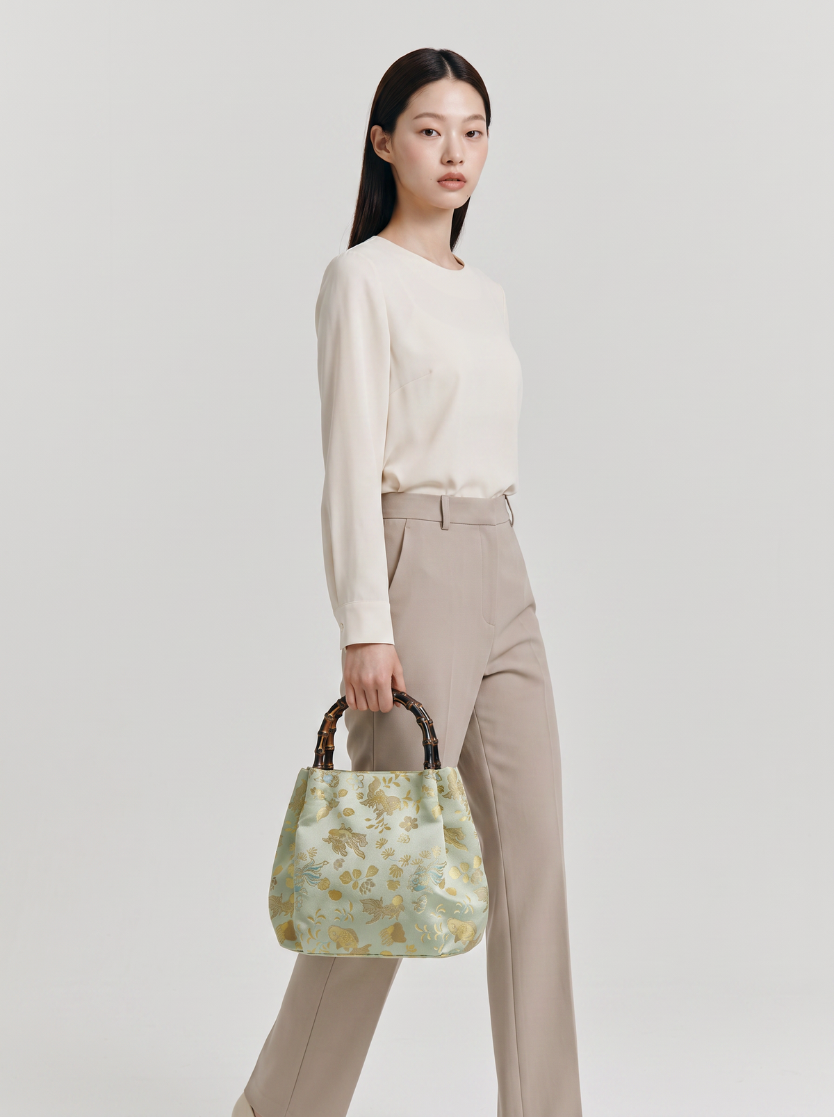 Silk Brocade Bamboo-Handle Bag — Goldfish & Seagrass Motif