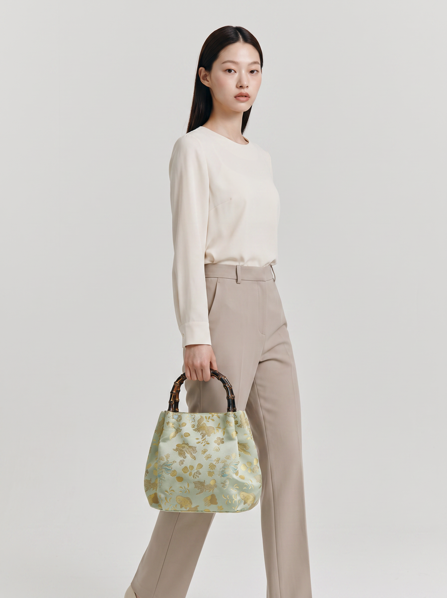Silk Brocade Bamboo-Handle Bag — Goldfish & Seagrass Motif