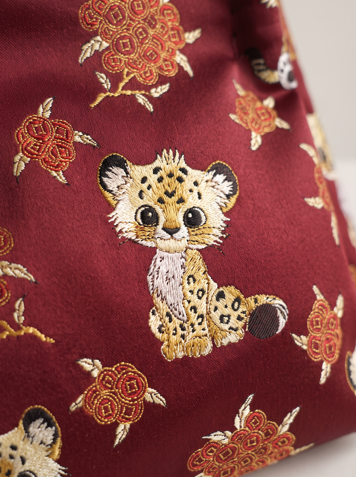 Silk Brocade Bamboo-Handle Bag — Leopard Cub Motif