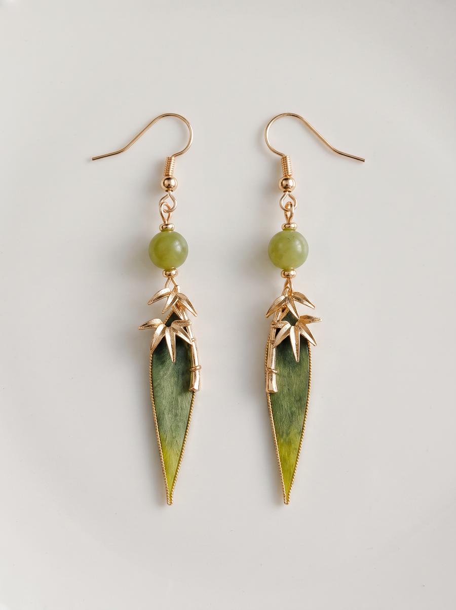 Silk Velvet Bamboo-Leaf Tassel Earrings — Handmade Ronghua