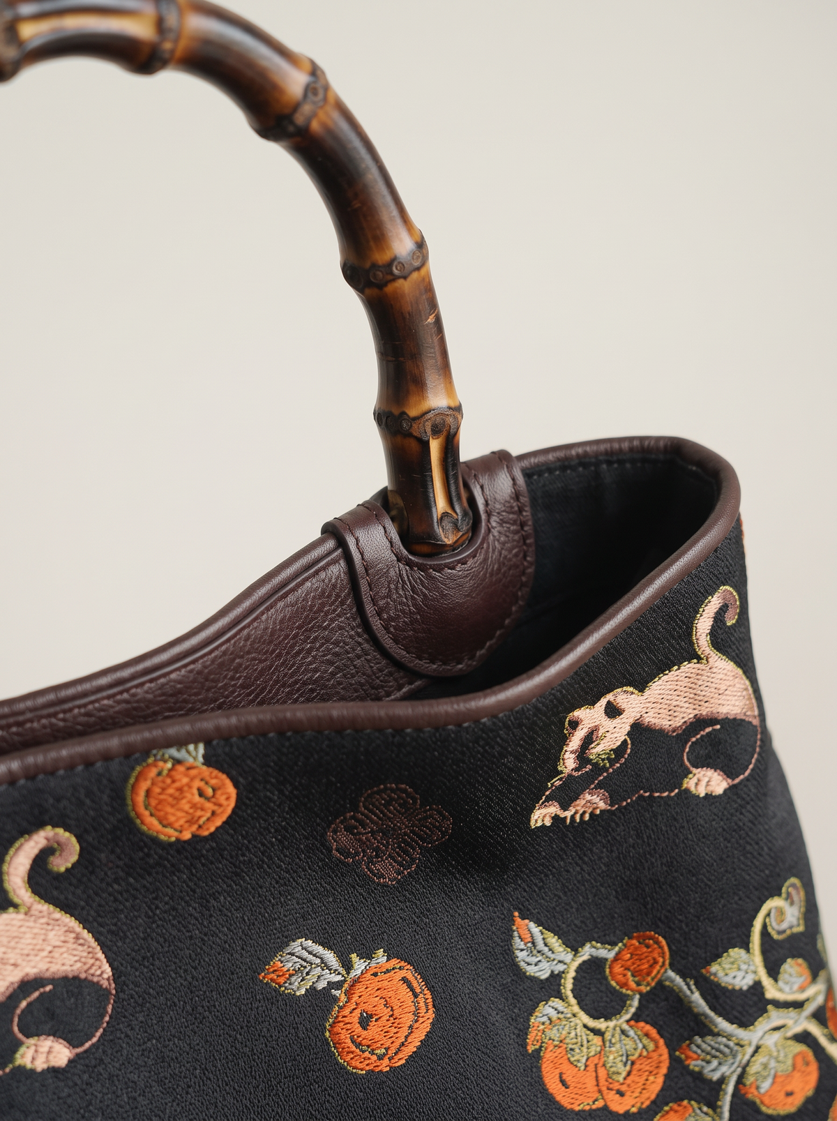 Silk Brocade Bamboo-Handle Bag — Cat & Persimmon Motif