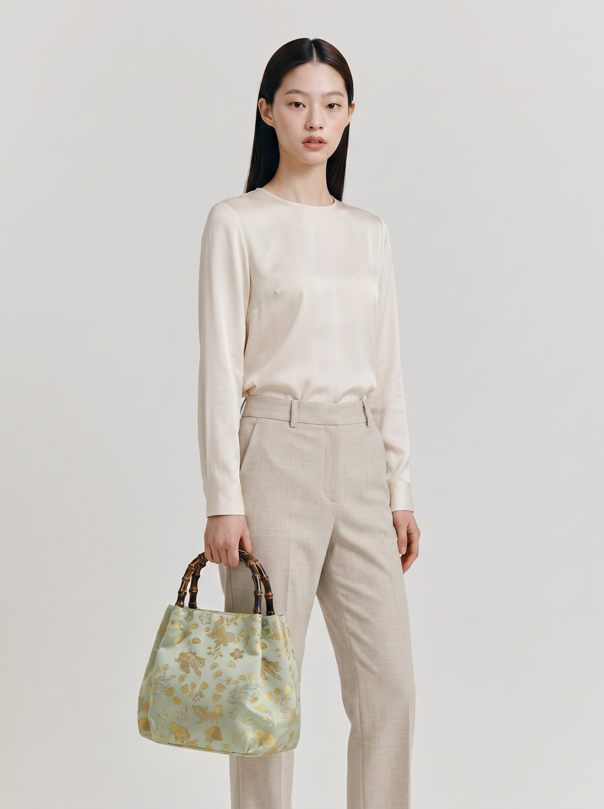 Silk Brocade Bamboo-Handle Bag — Goldfish & Seagrass Motif