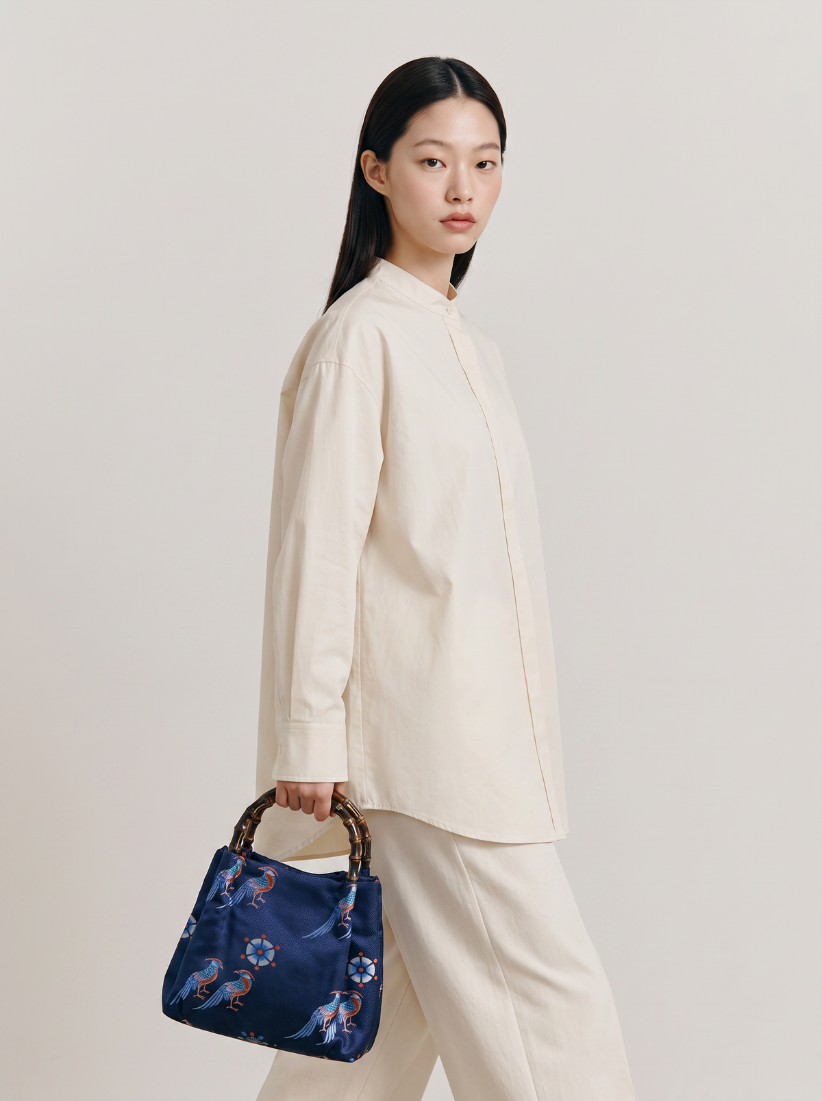 Silk Brocade Bamboo-Handle Bag — Golden Pheasant Motif