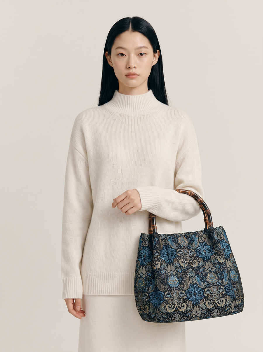 Silk Brocade Bamboo-Handle Bag — Lotus & Banana-Leaf Brocade
