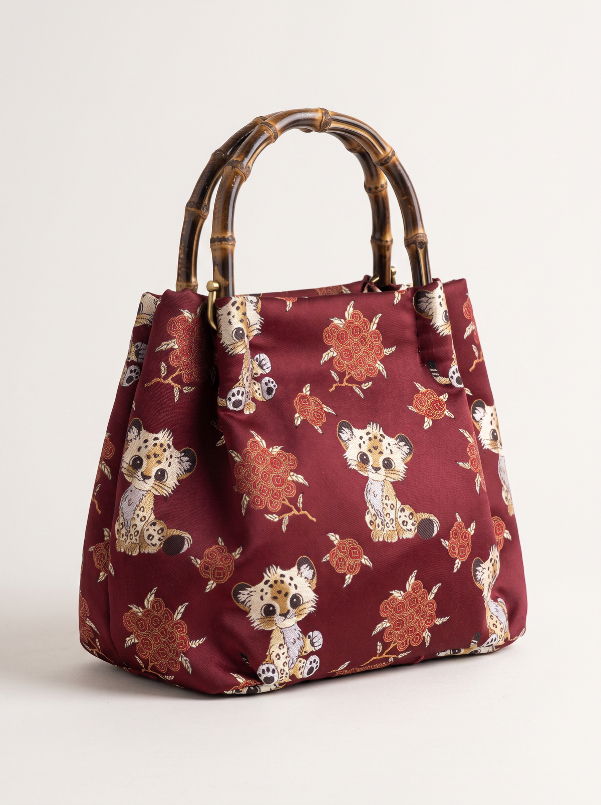 Silk Brocade Bamboo-Handle Bag — Leopard Cub Motif
