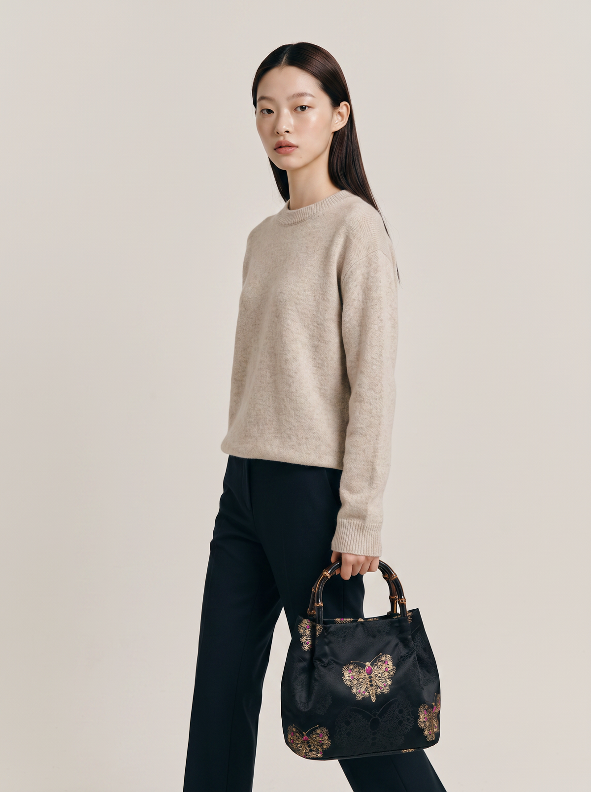 Silk Brocade Bamboo-Handle Bag — Gold Butterfly Motif