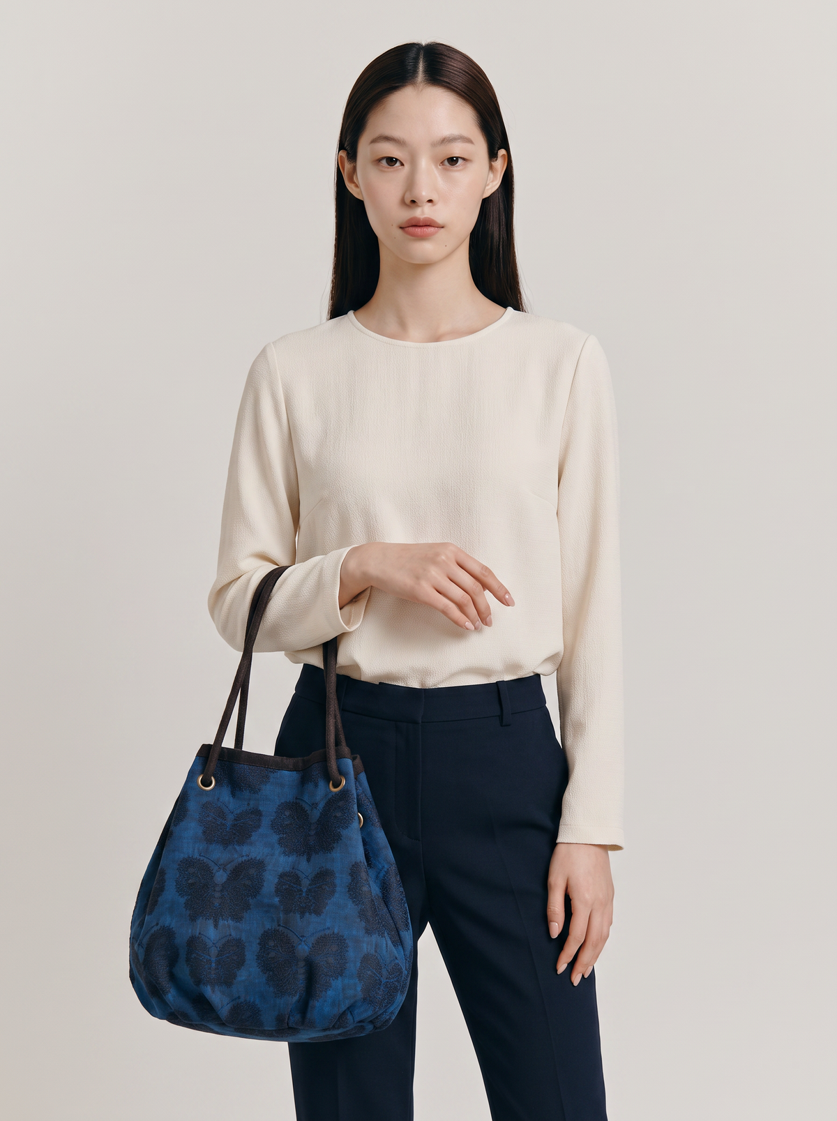 Gambiered Silk Drawstring Hobo — Indigo Butterfly