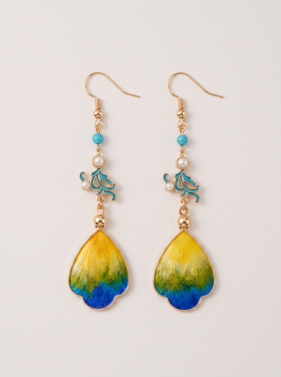 Velvet Petal Drop Earrings — Pink & Cloisonné Blue-Green