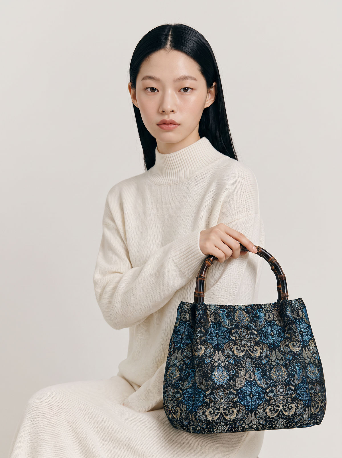 Silk Brocade Bamboo-Handle Bag — Lotus & Banana-Leaf Brocade