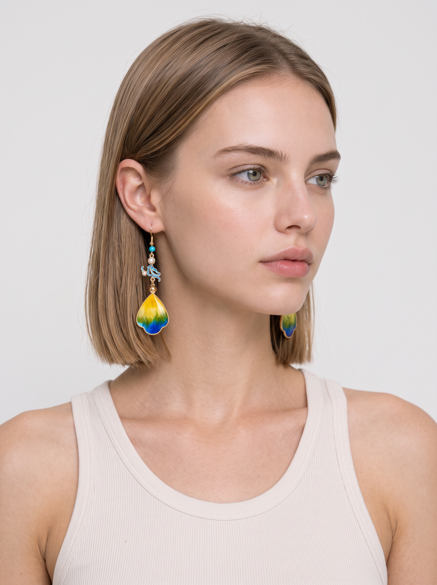 Velvet Petal Drop Earrings — Pink & Cloisonné Blue-Green