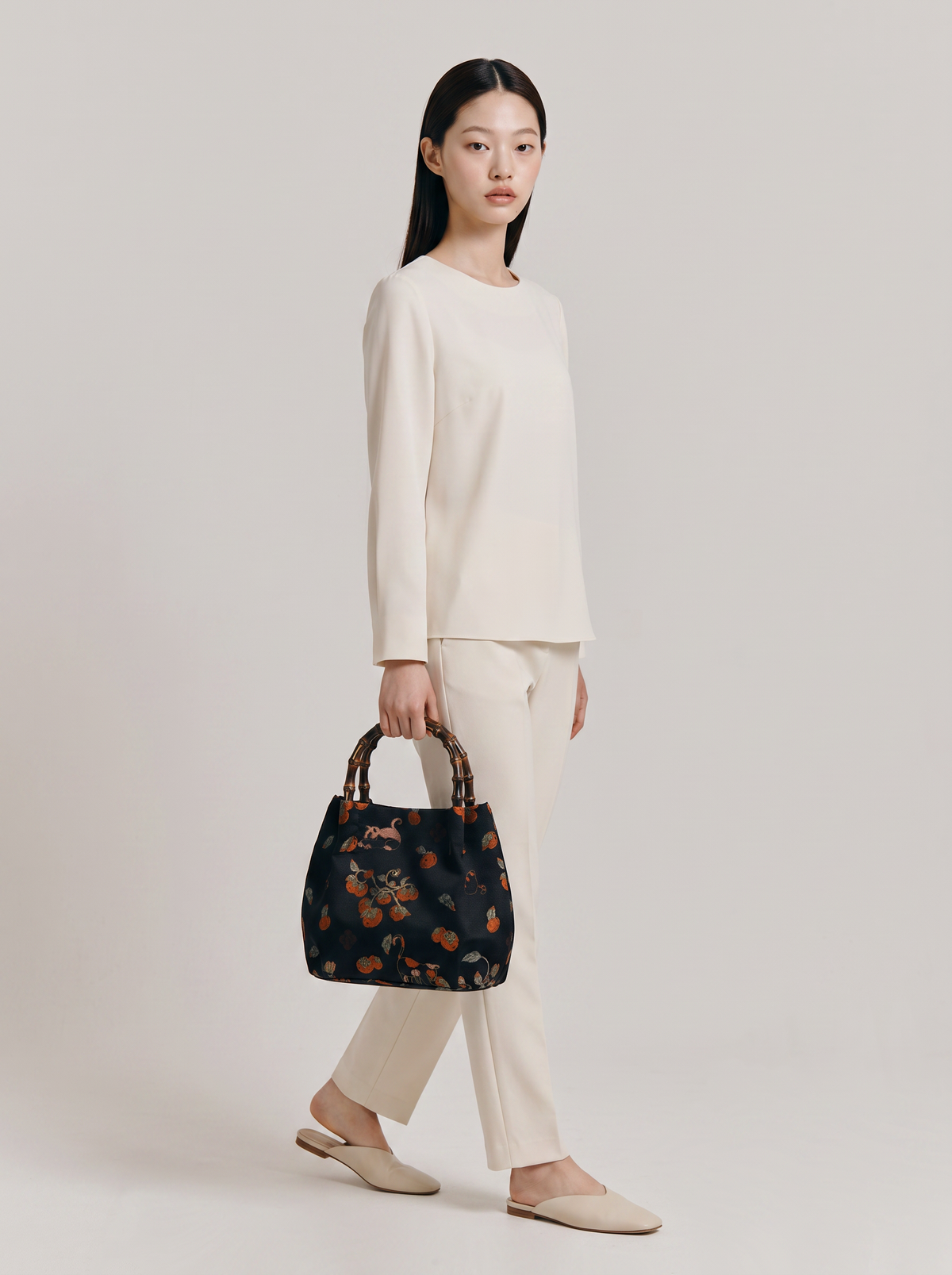 Silk Brocade Bamboo-Handle Bag — Cat & Persimmon Motif