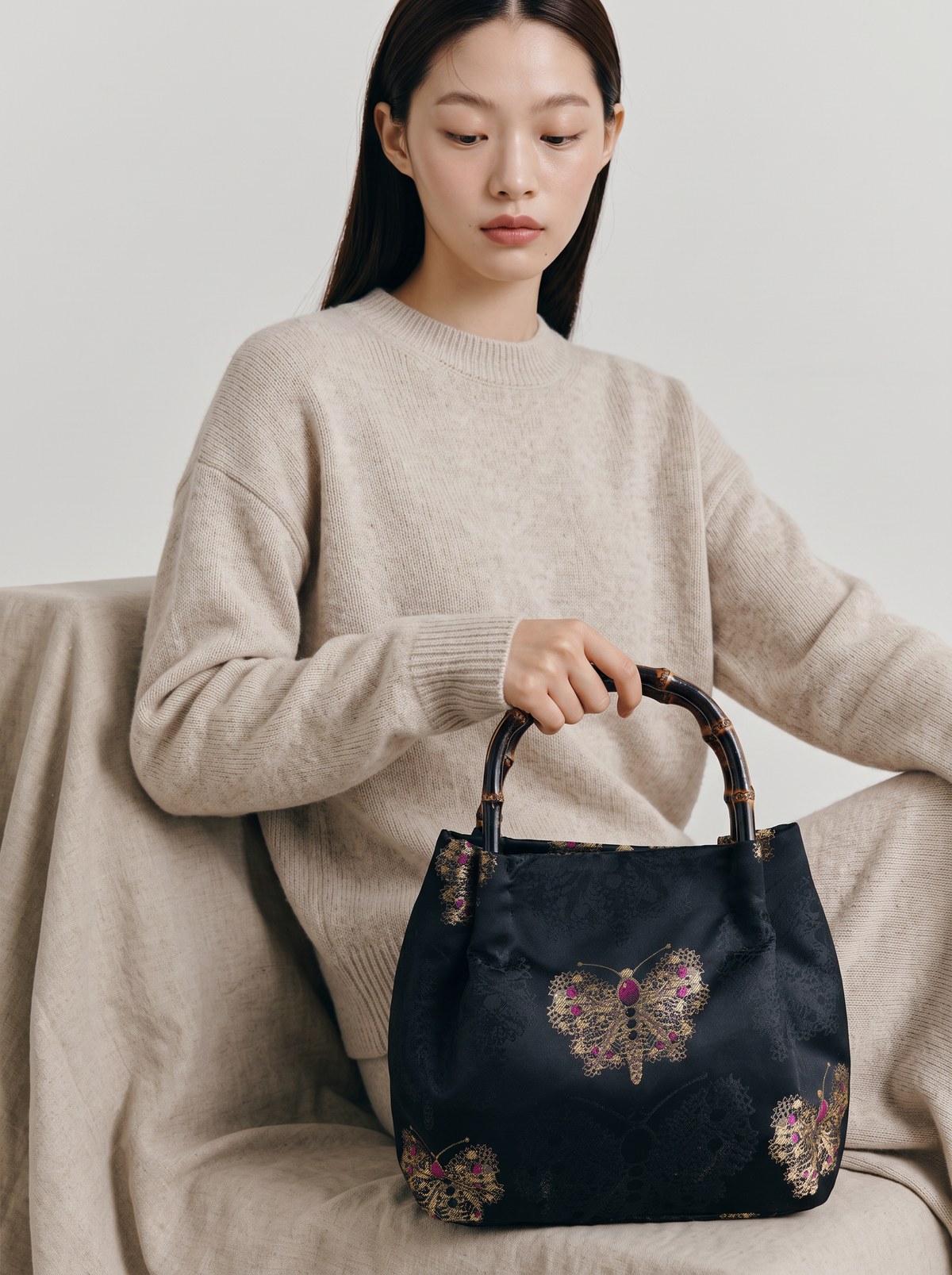 Silk Brocade Bamboo-Handle Bag — Gold Butterfly Motif