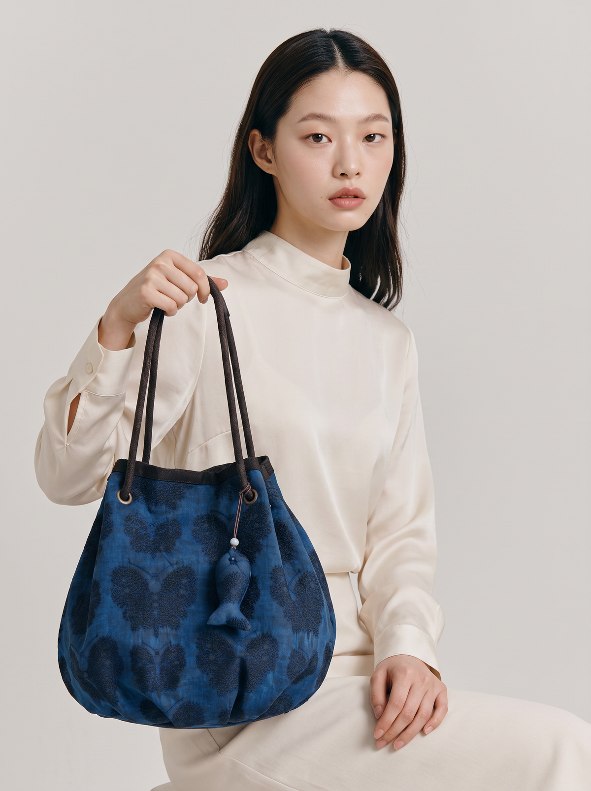 Gambiered Silk Drawstring Hobo — Indigo Butterfly
