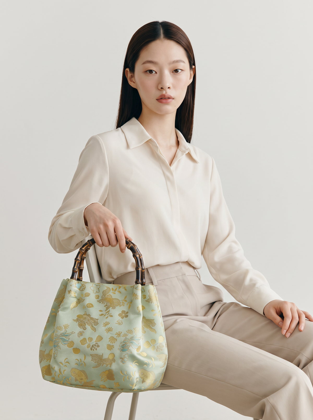 Silk Brocade Bamboo-Handle Bag — Goldfish & Seagrass Motif