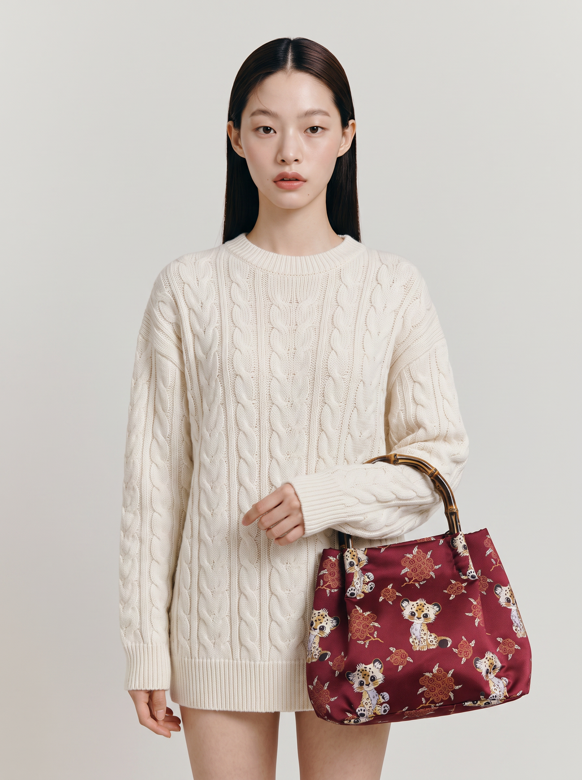 Silk Brocade Bamboo-Handle Bag — Leopard Cub Motif