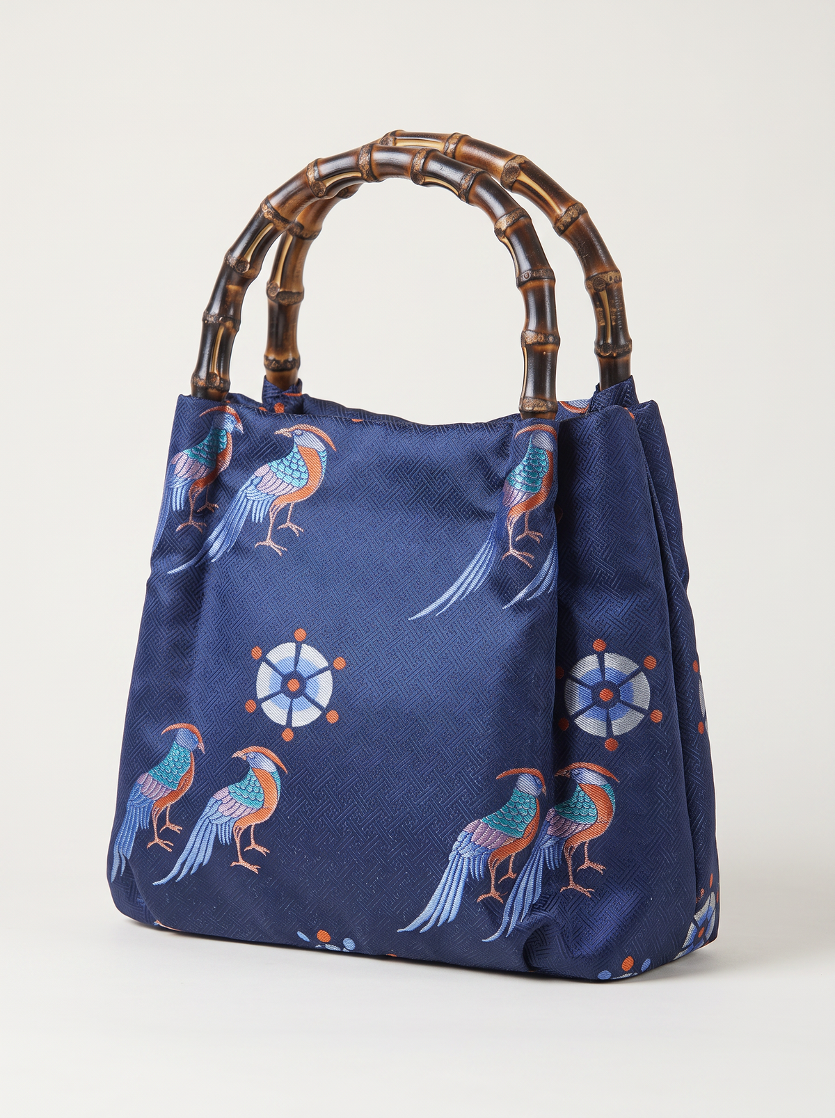 Silk Brocade Bamboo-Handle Bag — Golden Pheasant Motif