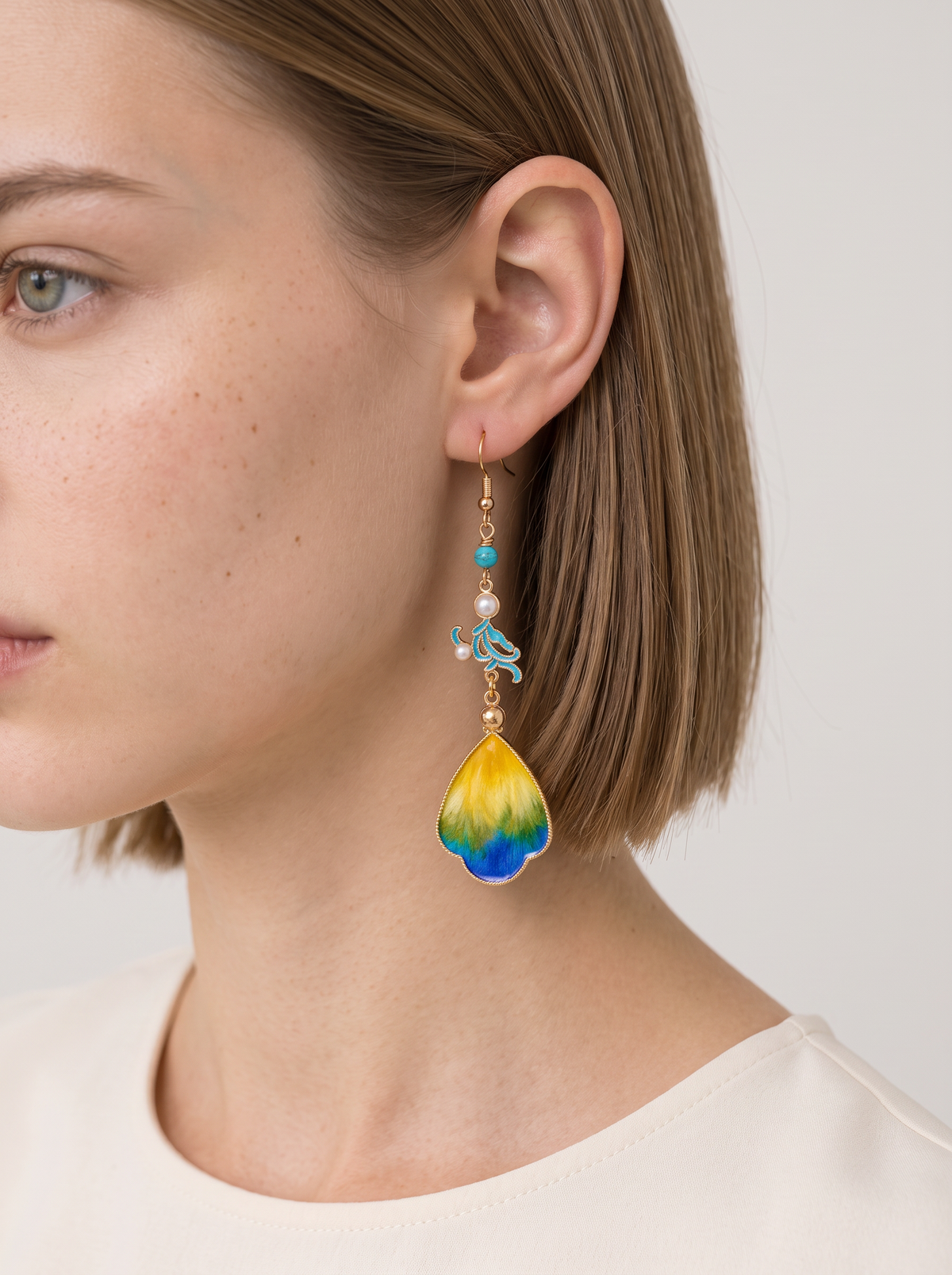 Velvet Petal Drop Earrings — Pink & Cloisonné Blue-Green