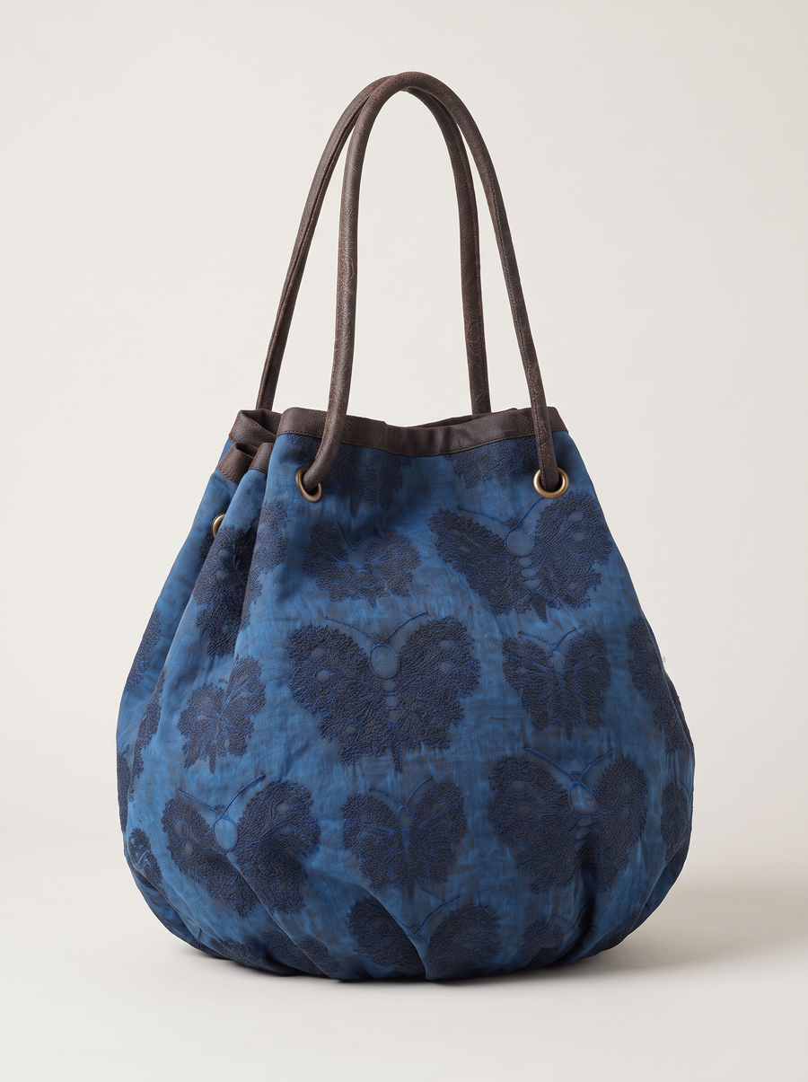 Gambiered Silk Drawstring Hobo — Indigo Butterfly