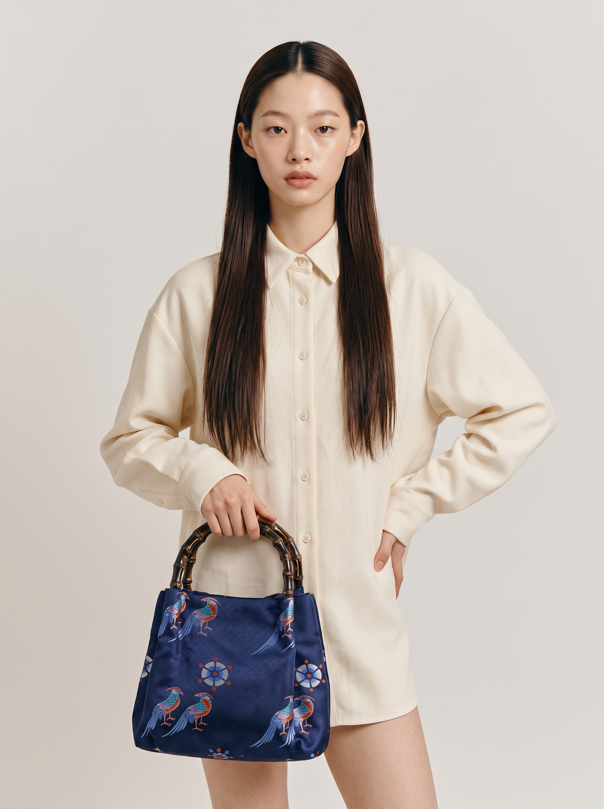 Silk Brocade Bamboo-Handle Bag — Golden Pheasant Motif