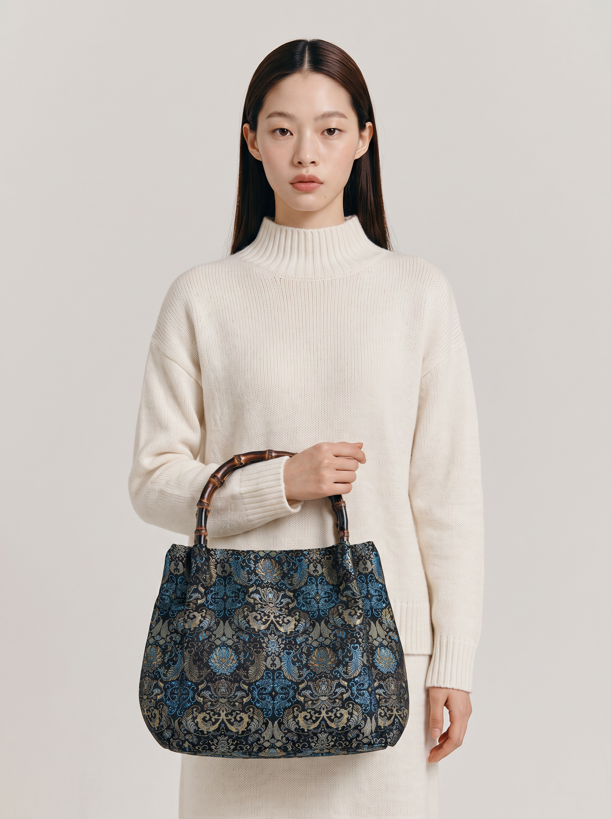 Silk Brocade Bamboo-Handle Bag — Lotus & Banana-Leaf Brocade