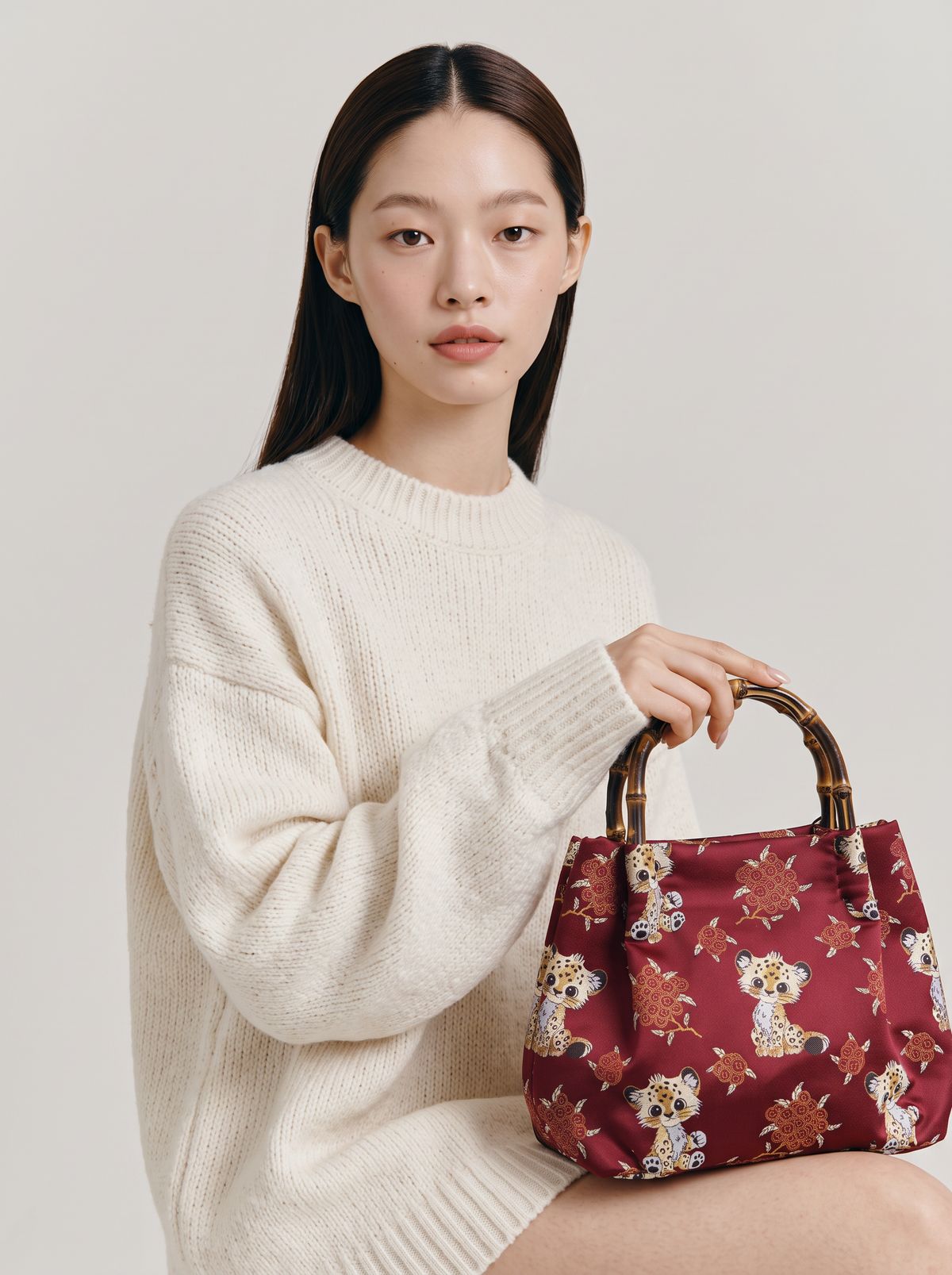 Silk Brocade Bamboo-Handle Bag — Leopard Cub Motif