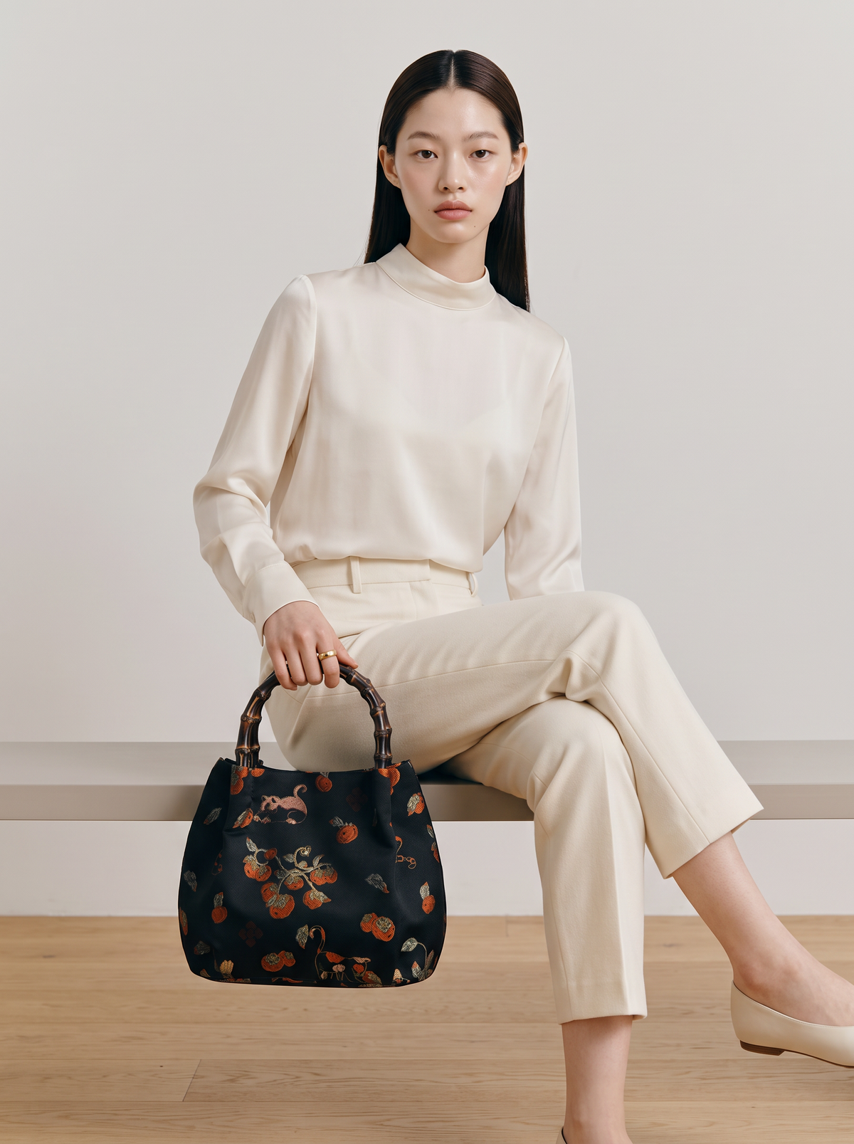 Silk Brocade Bamboo-Handle Bag — Cat & Persimmon Motif