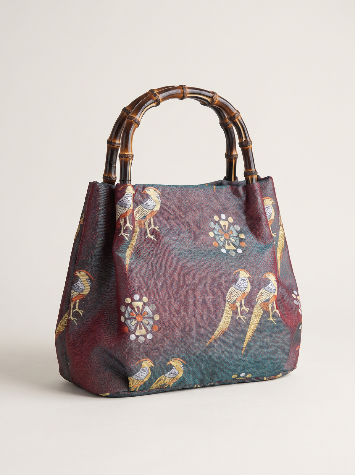 Silk Brocade Bamboo-Handle Bag — Golden Pheasant Motif