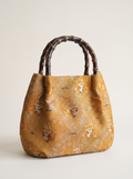 Silk Brocade Bamboo-Handle Bag — Panda & Lion-Dance Motif