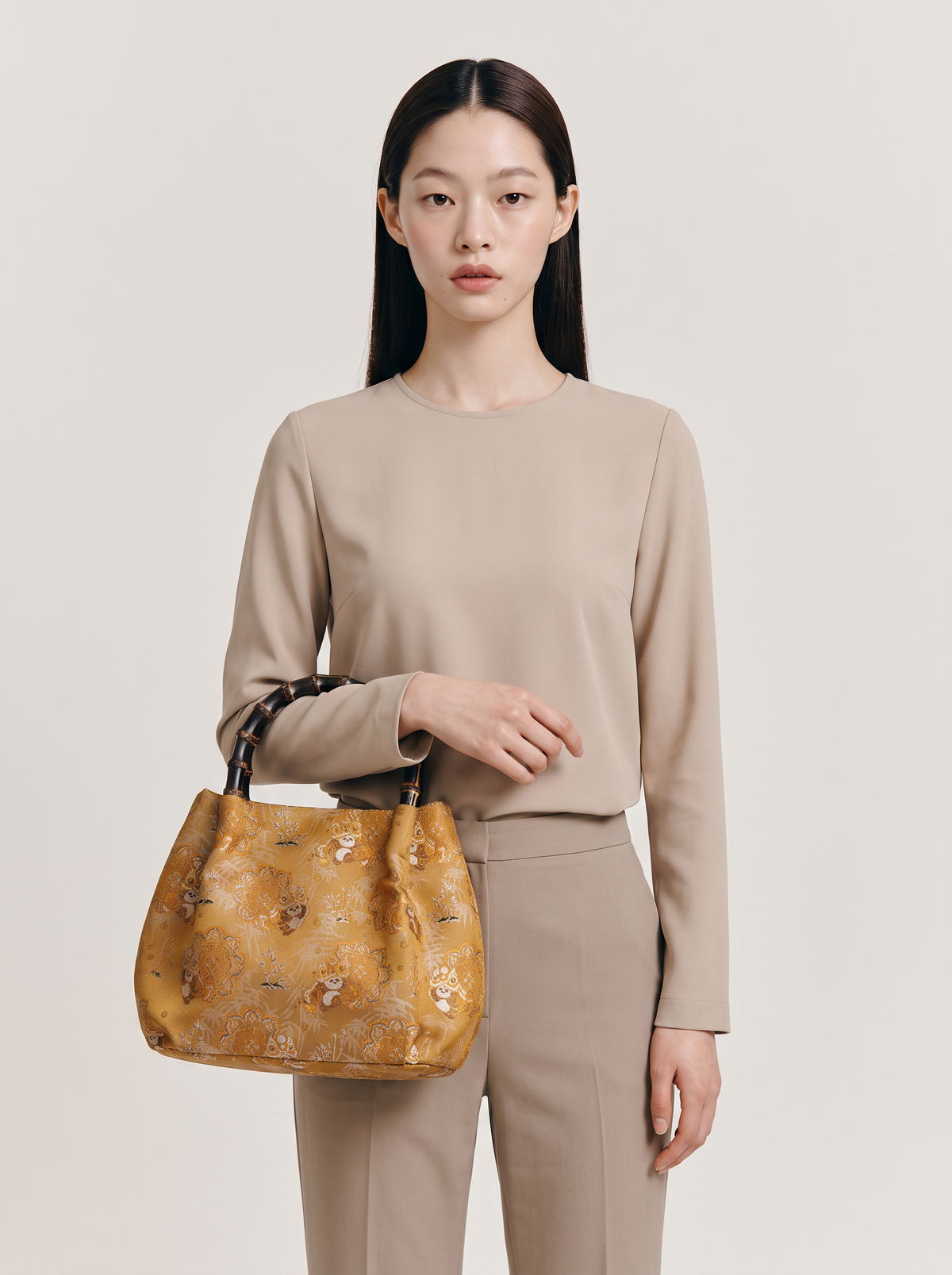 Silk Brocade Bamboo-Handle Bag — Panda & Lion-Dance Motif
