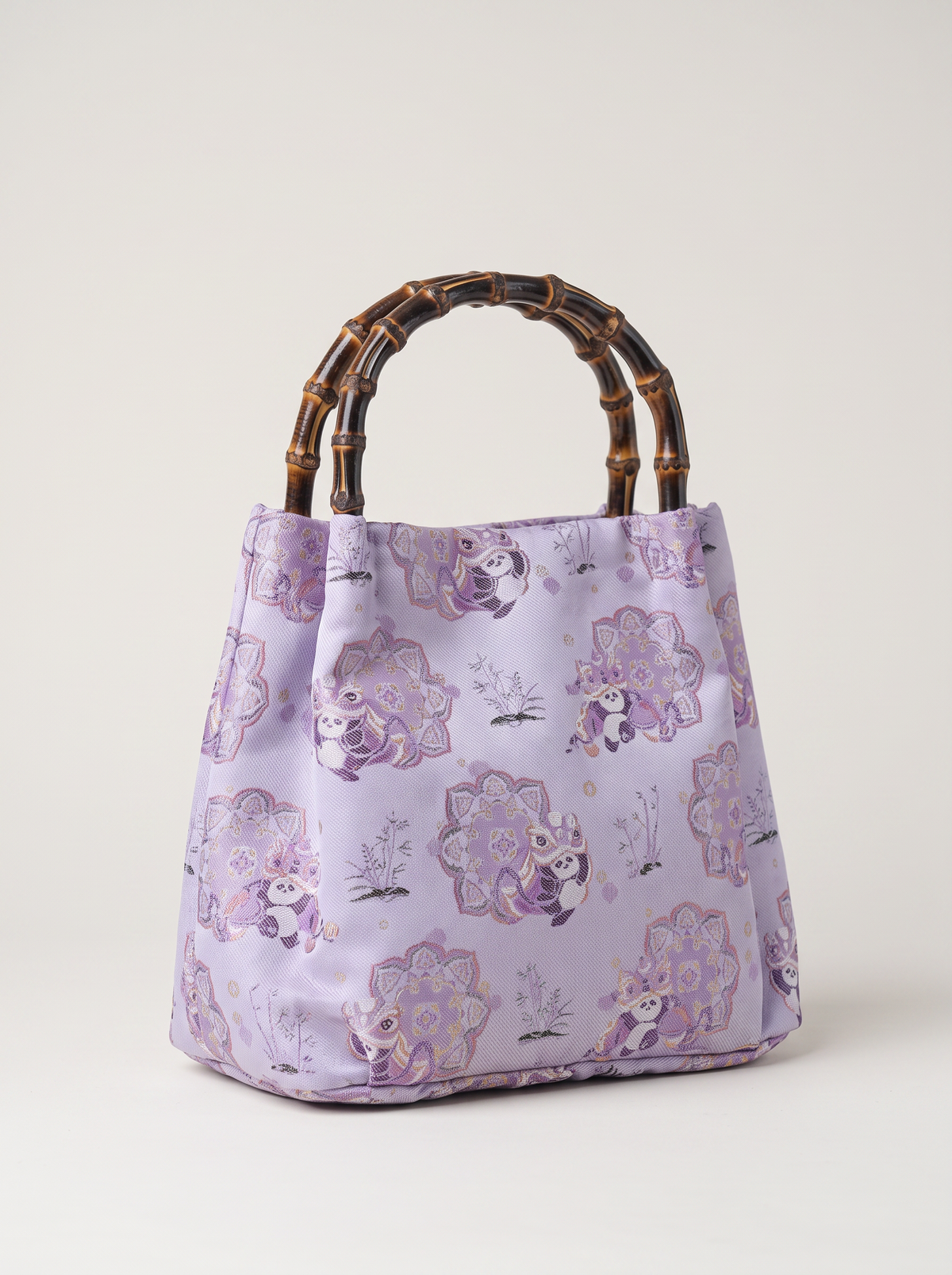 Silk Brocade Bamboo-Handle Bag — Panda & Lion-Dance Motif