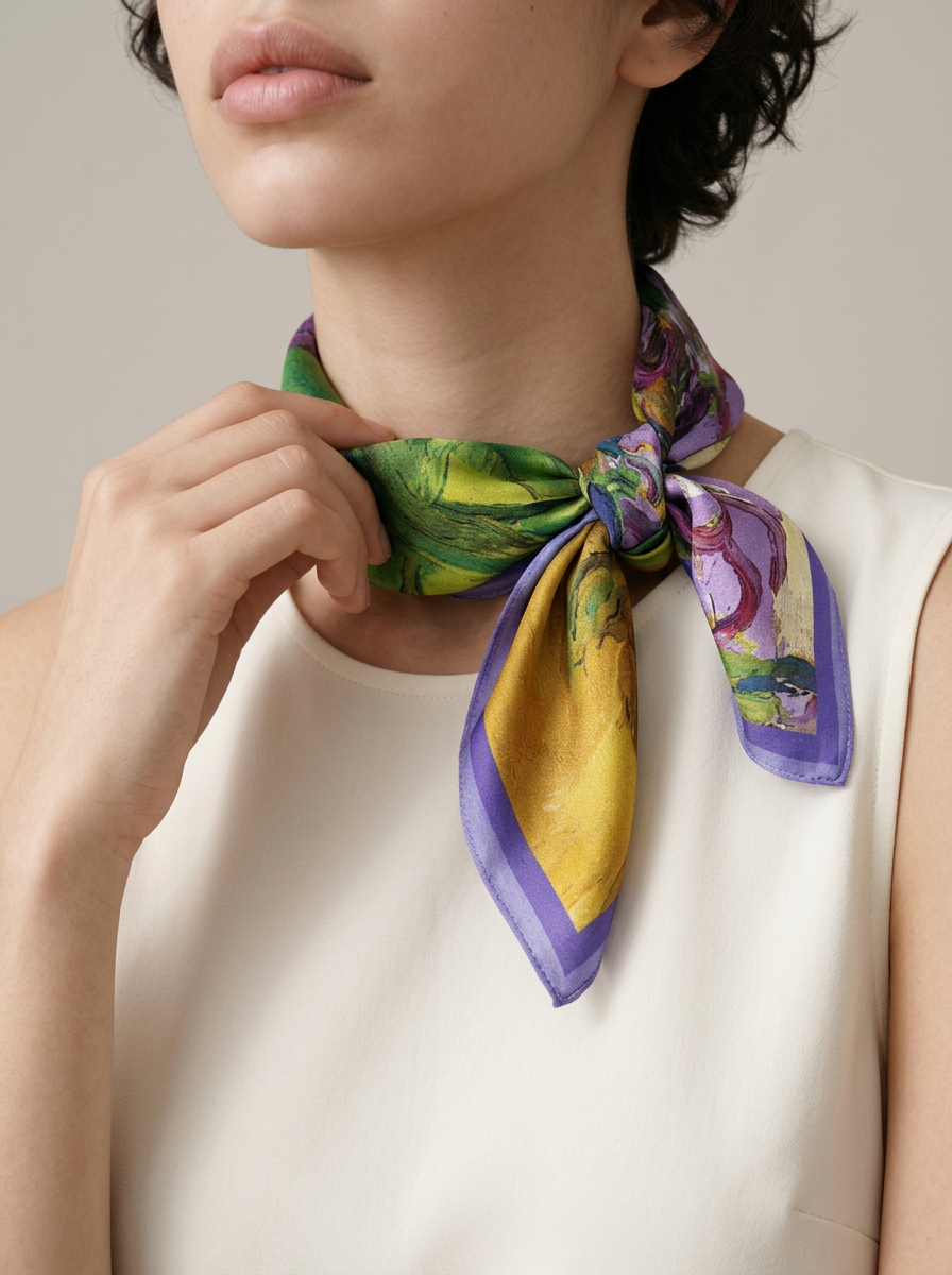 "Purple Iris" Oil-Painting 100% Mulberry Silk Scarf