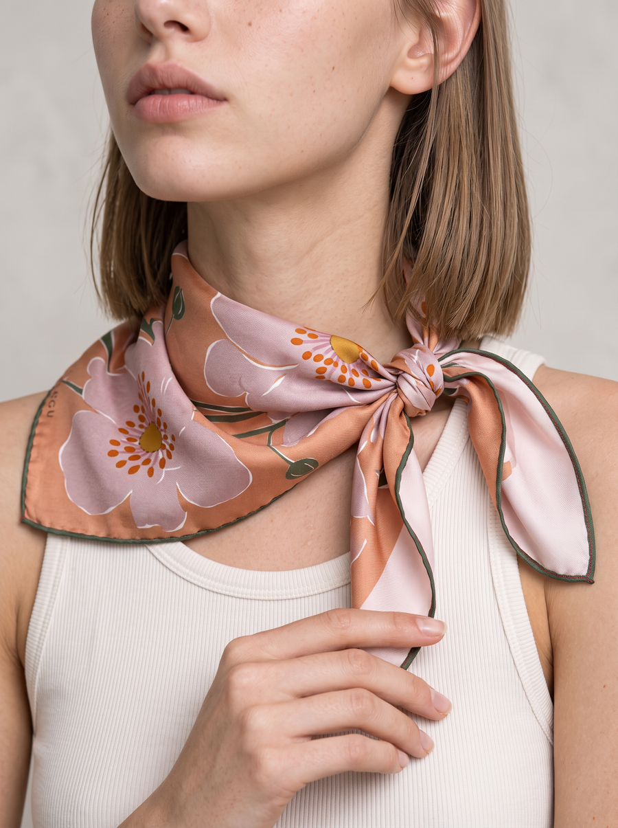 "Muted Apricot" Floral 100% Mulberry Silk Scarf