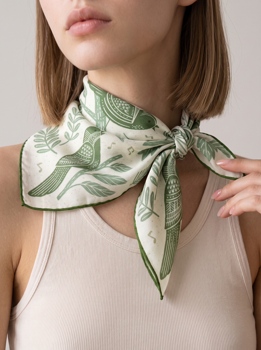 "Botanical Garden" Bird 100% Mulberry Silk Scarf