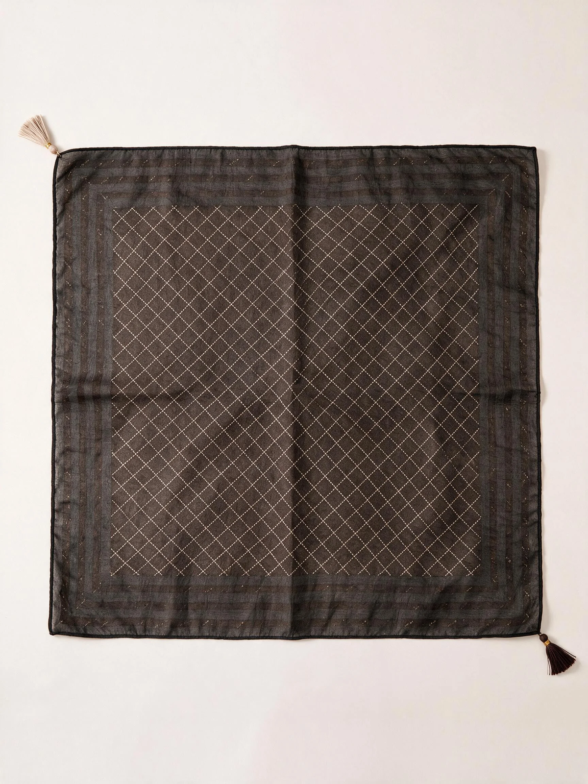 Checked Border Tassel Square Scarf