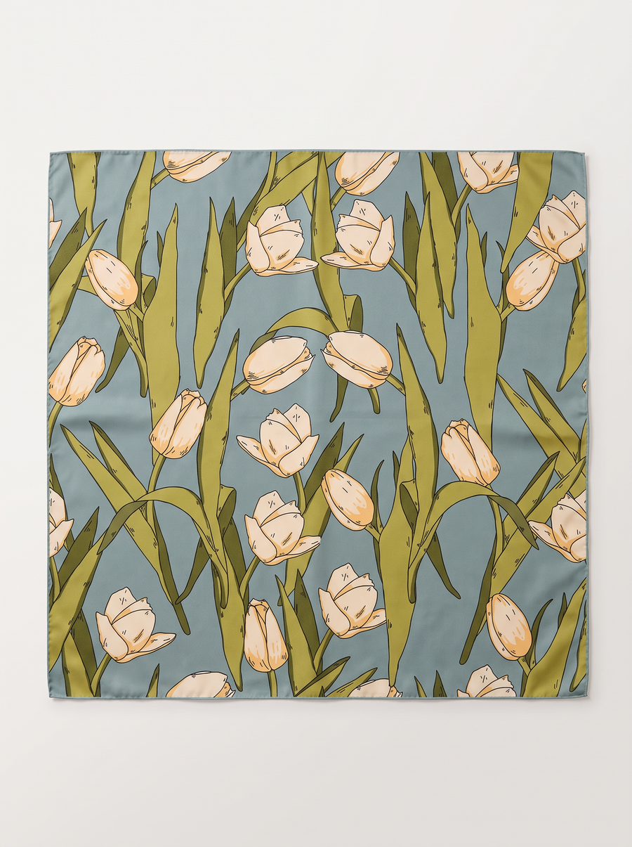 "Jade Lake Tulip" Floral 100% Mulberry Silk Scarf