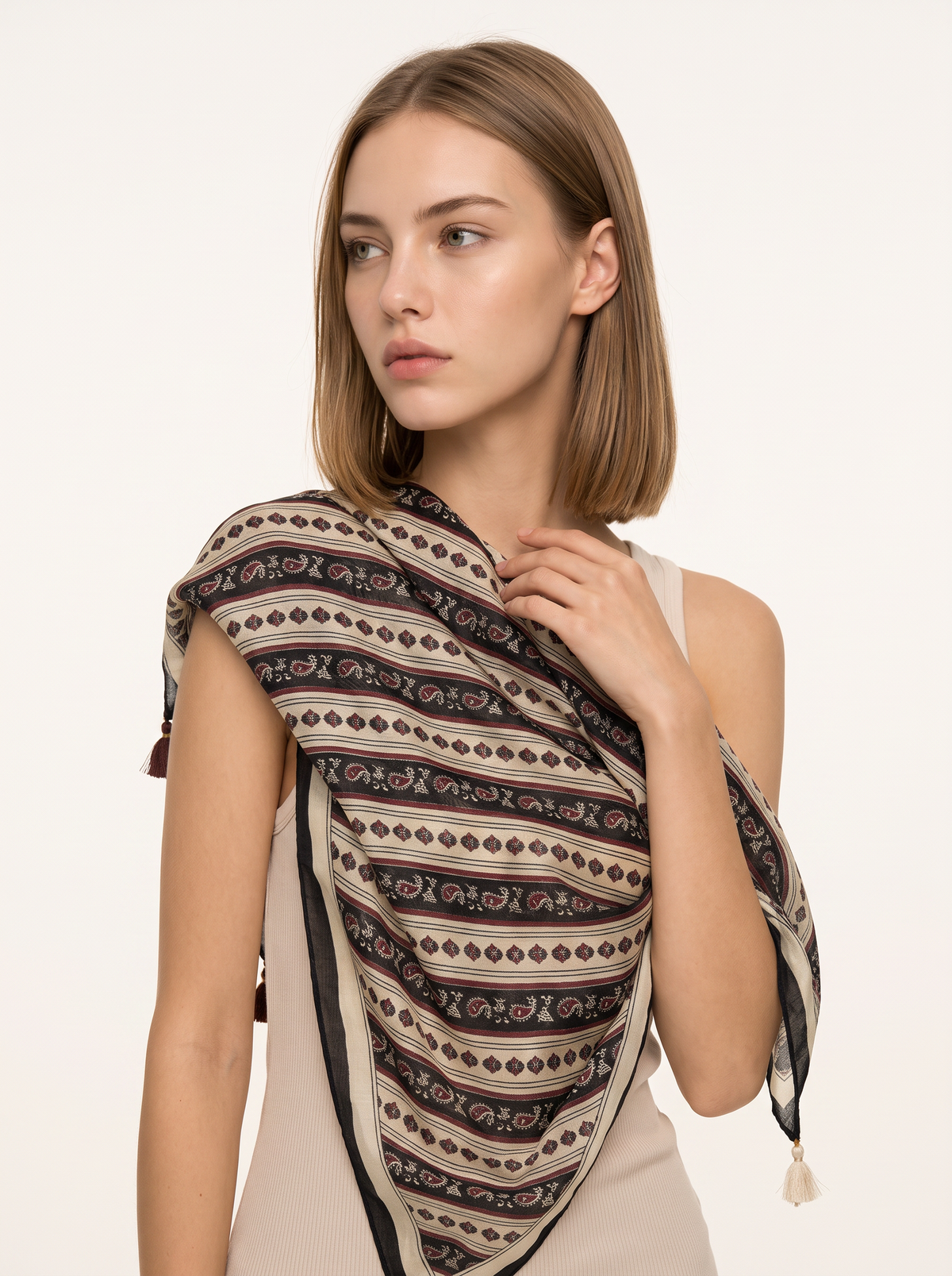Folk Stripe Tassel Square Scarf