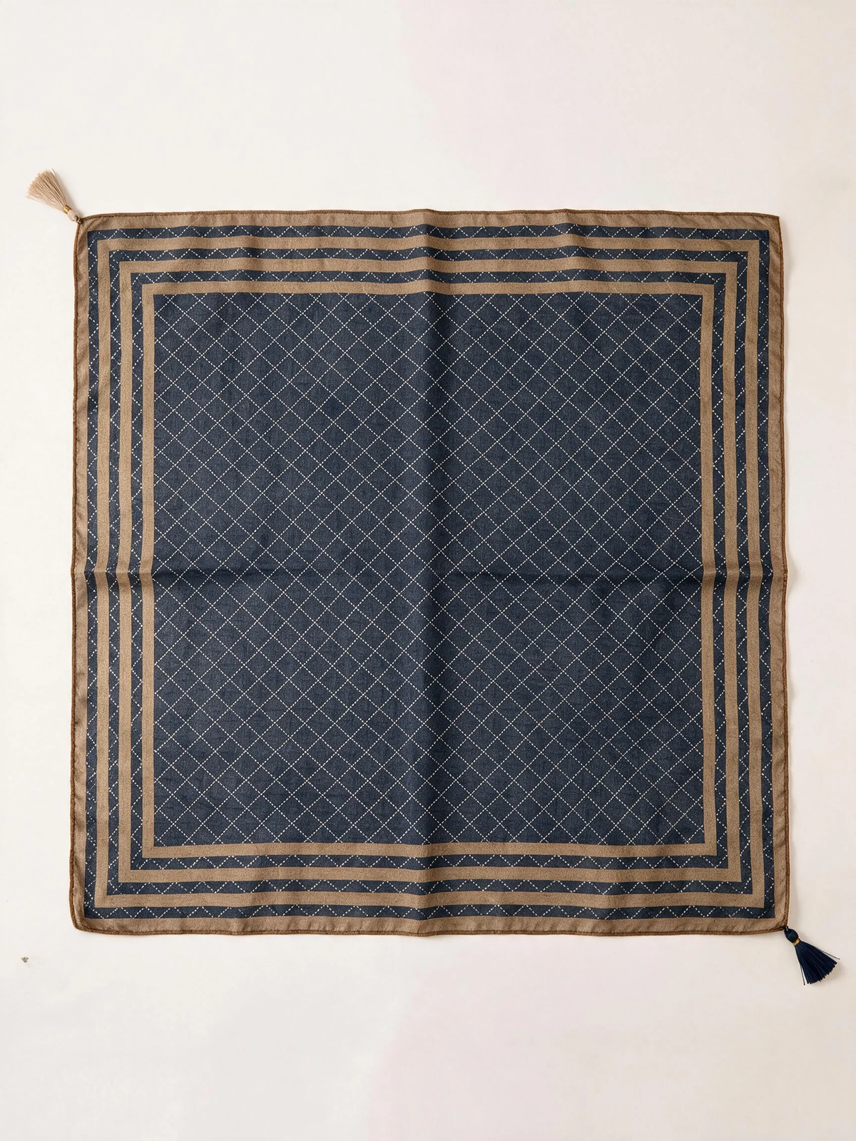 Checked Border Tassel Square Scarf